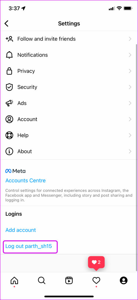 Scroll down and log out from your account