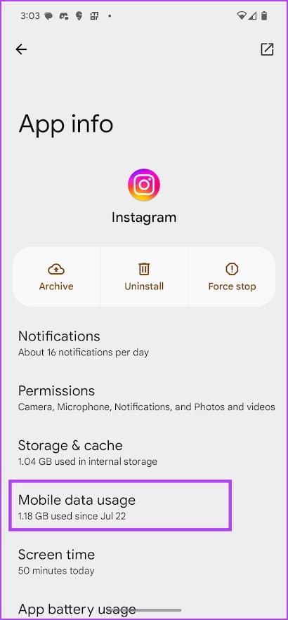 mobile data usage on Instagram