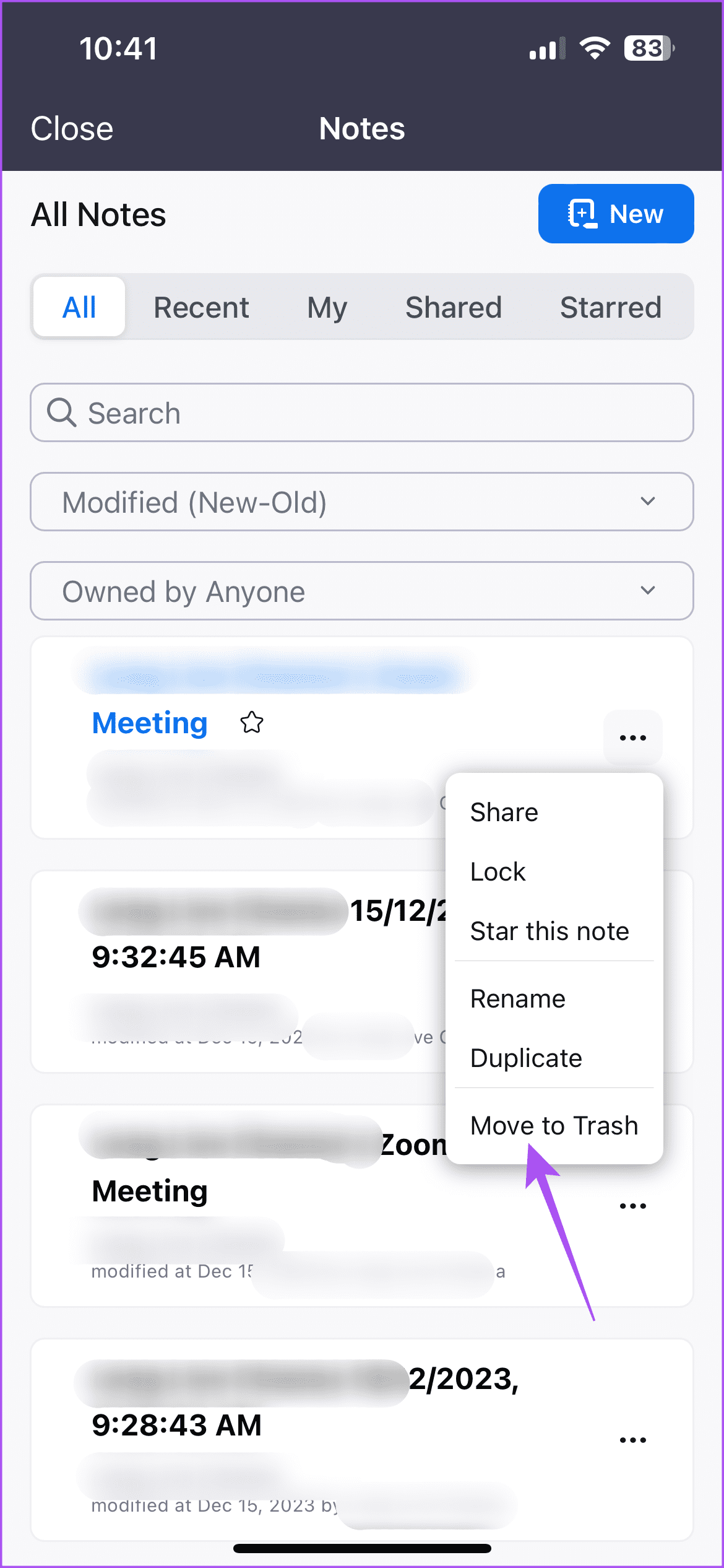 move to trash zoom notes mobile