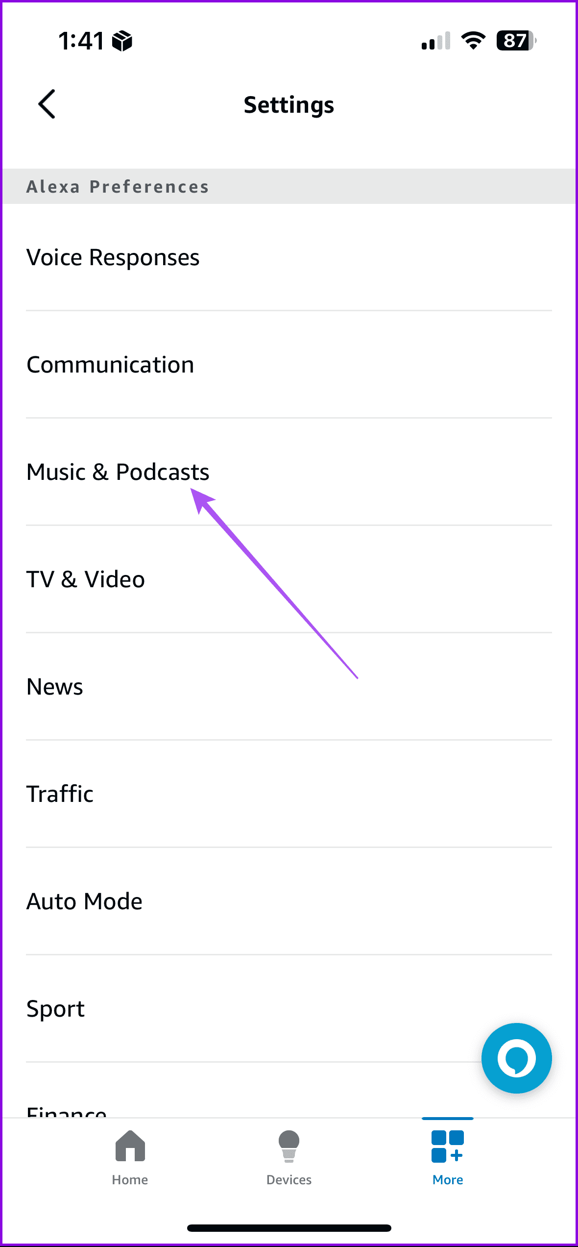 music and podcasts settings alexa app