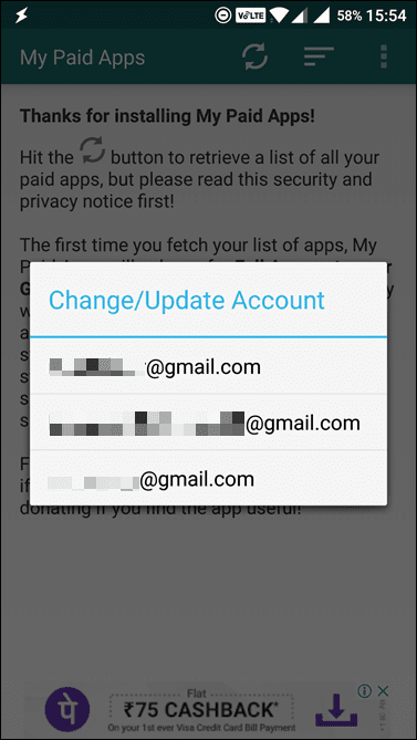 My Paid Apps Account Option