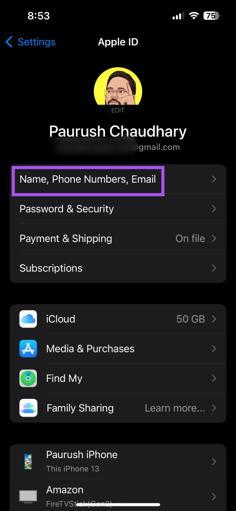 تنظیمات شماره نام iCloud iPhone 