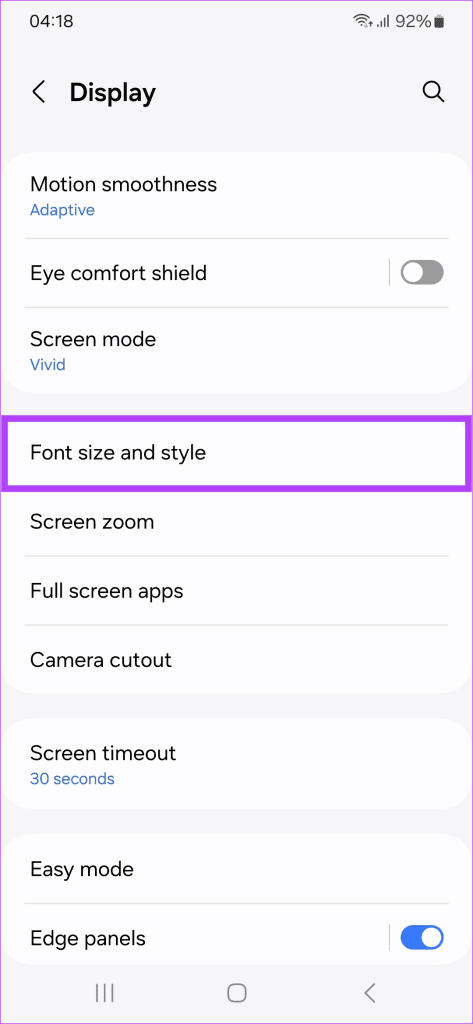 navigating to Settings Display Font size and style