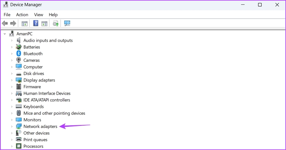 network adapters option in Device Manager