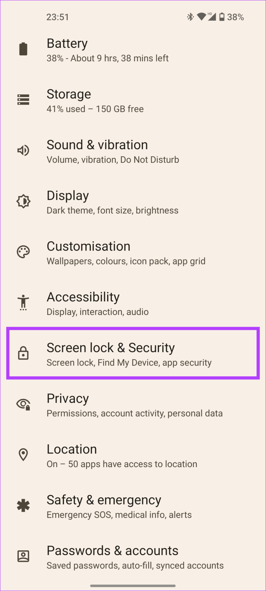 screen lock menu
