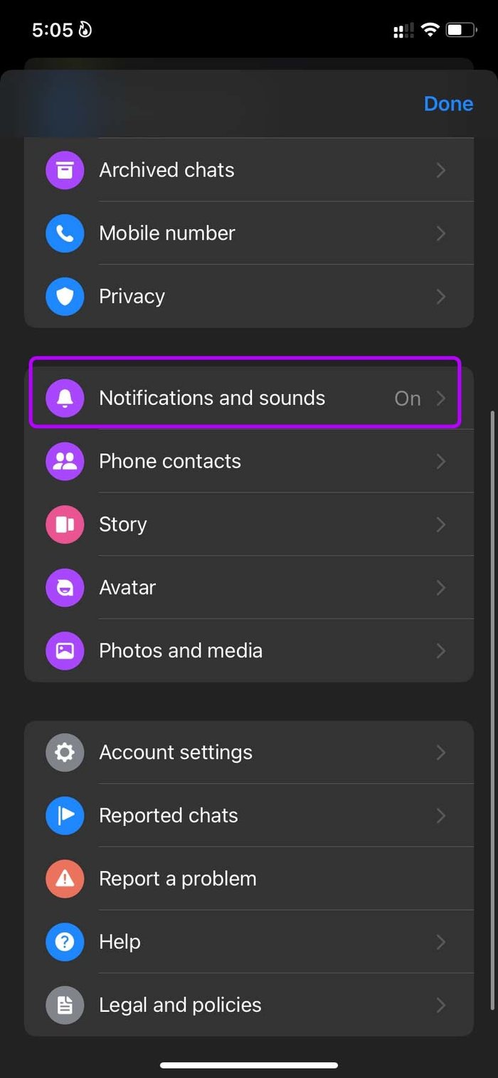 Notification and sound in messenger settings