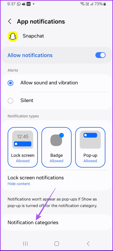 notification categories snapchat app info samsung