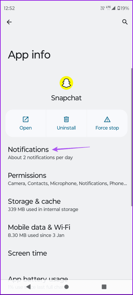 notifications app info snapchat android