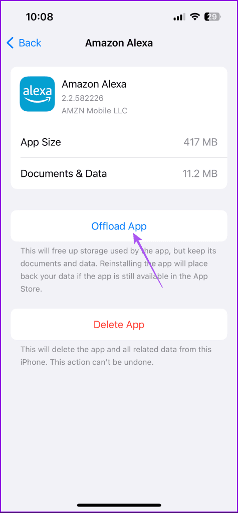 offload app alexa iphone