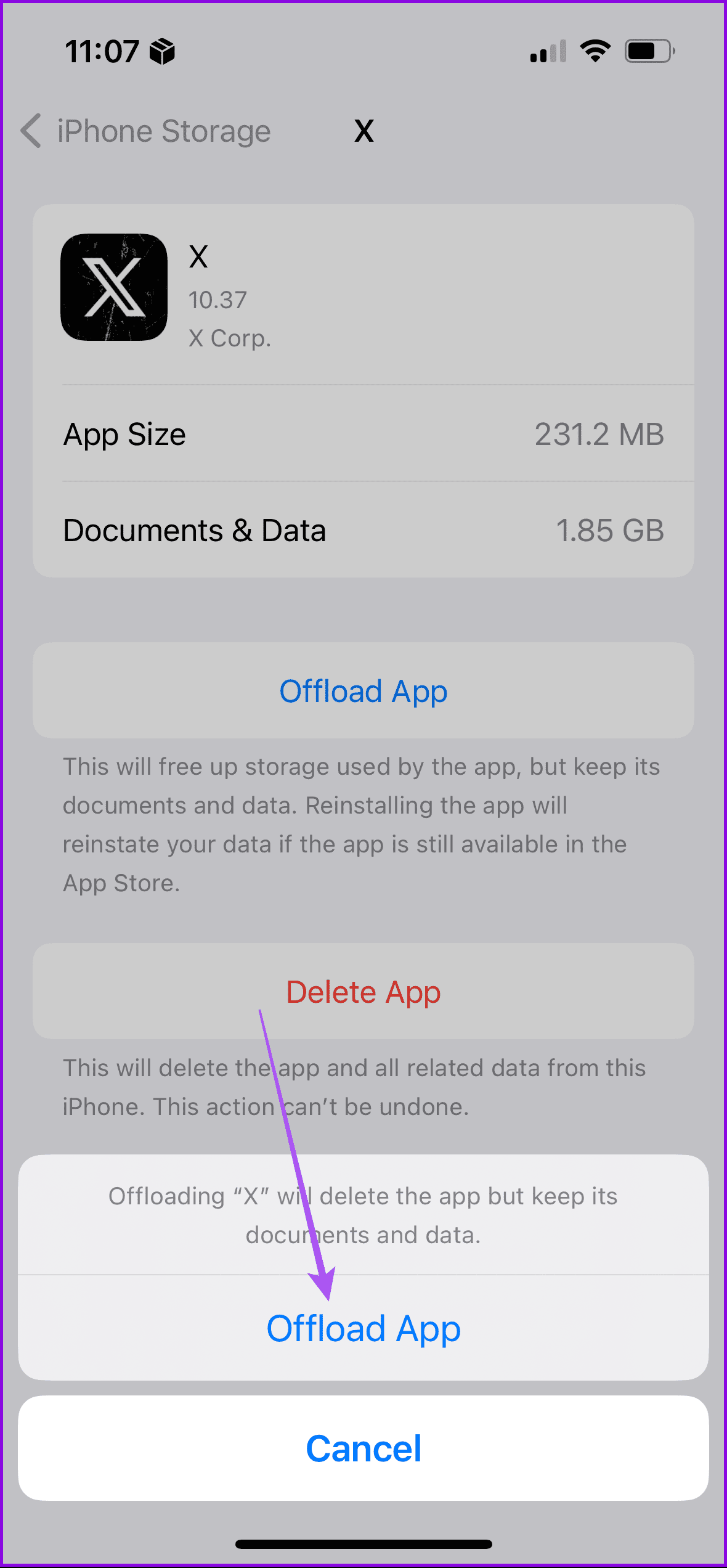offload app confirm x on iphone