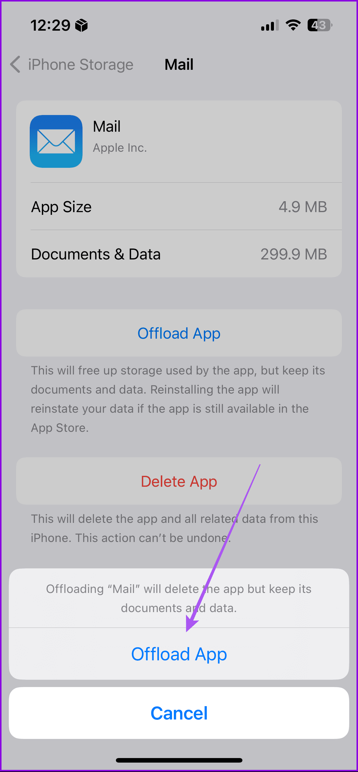 offload app mail app iphone