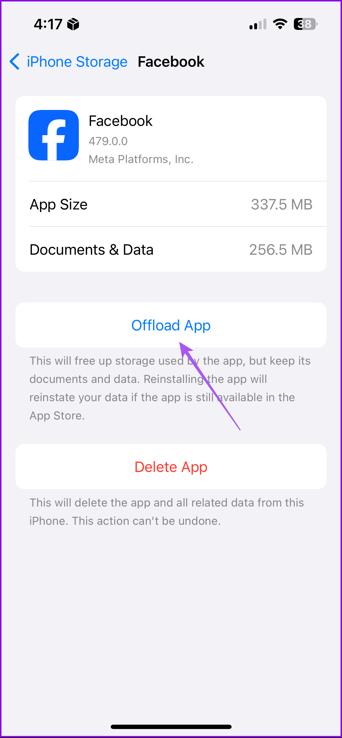 offload facebook iphone