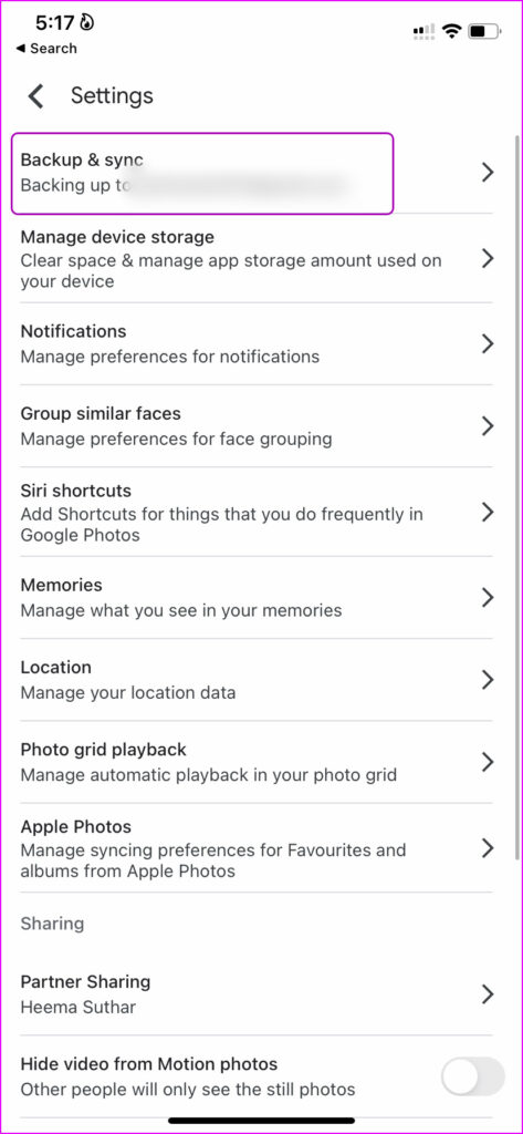 open backup and sync menu