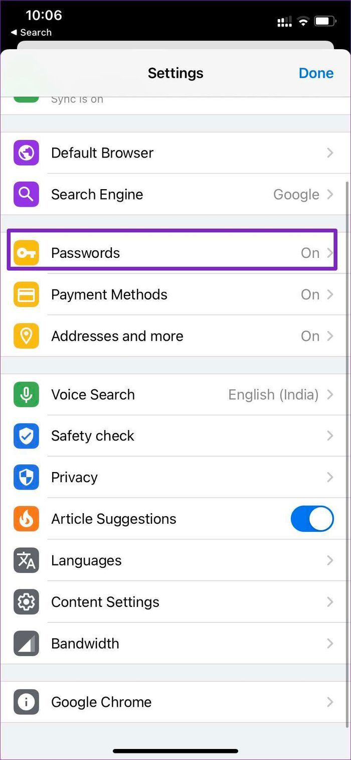 Open chrome password menu on i Phone