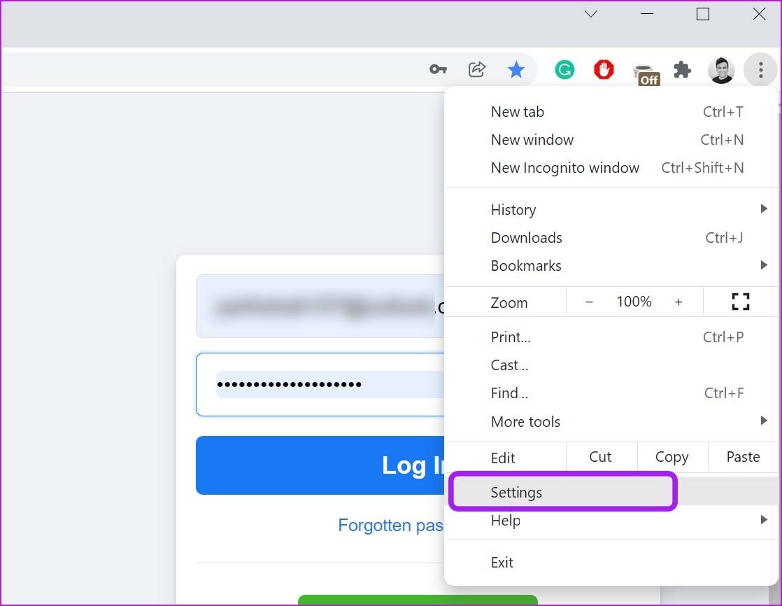 Open chrome settings remove remembered email from facebook login