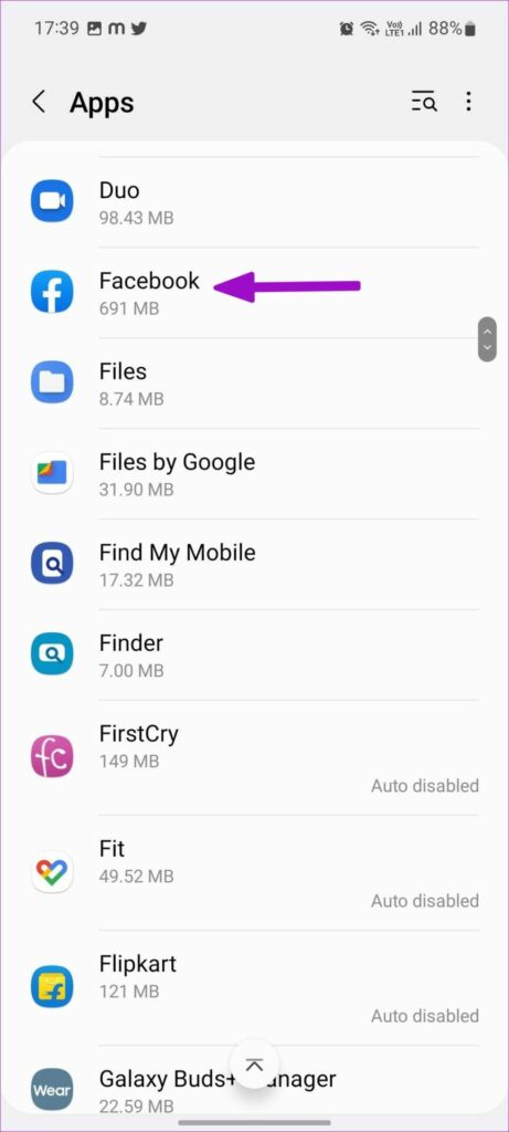 Select Facebook from the apps menu