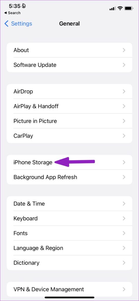 open iPhone storage-menu