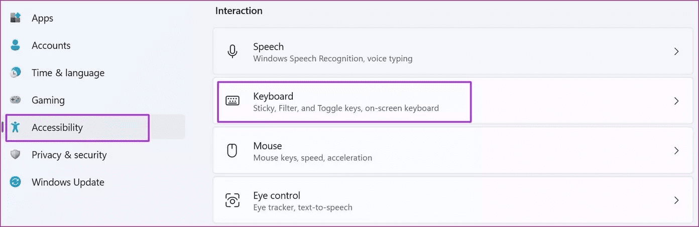 Open keyboard menu in accessibility