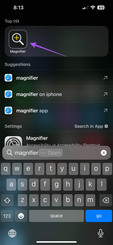 open magnifier spotlight search iphone