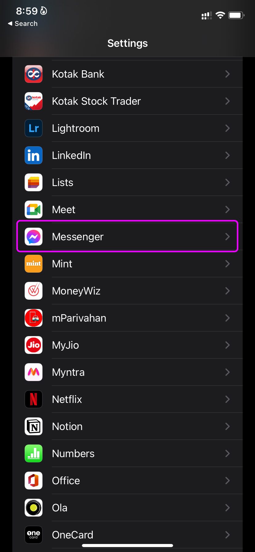 Open Messenger in iPhone Settings