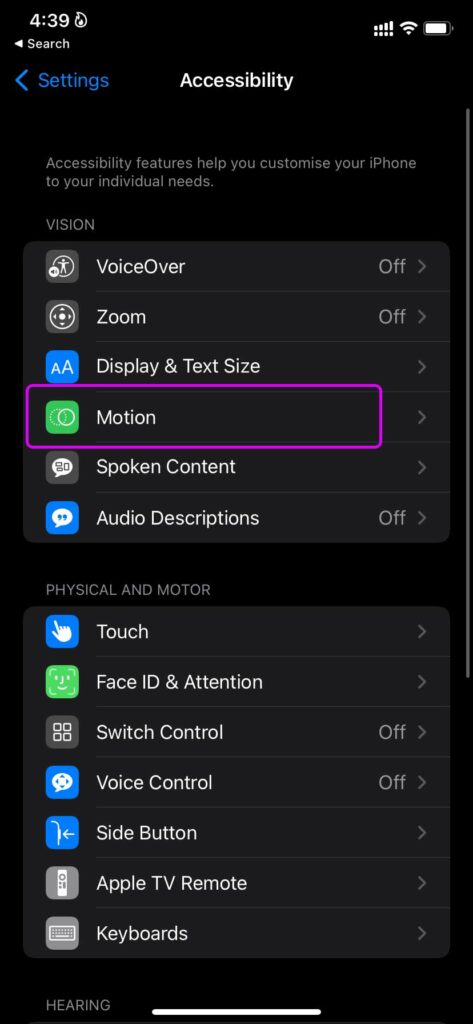 open motion menu on iPhone