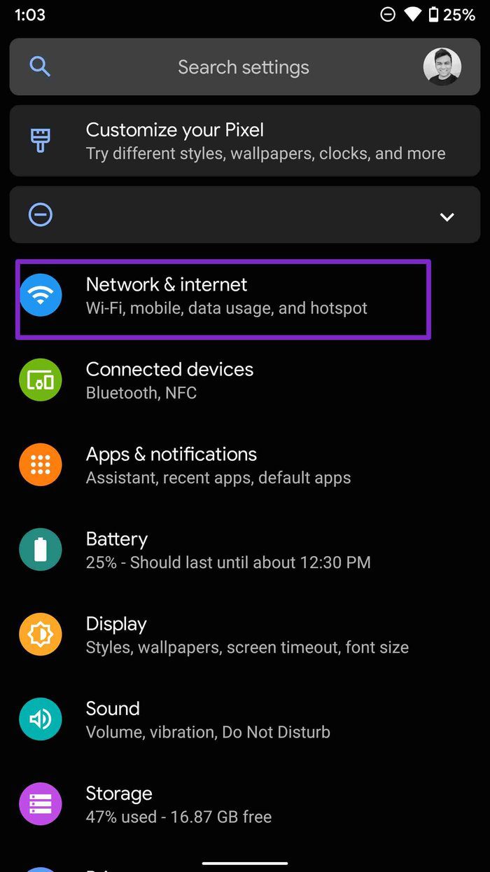 Open network and internet menu