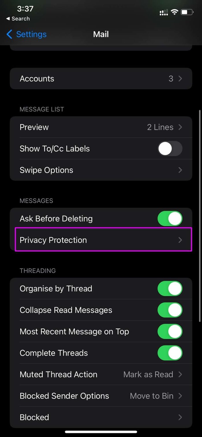 Open privacy protection menu in mail