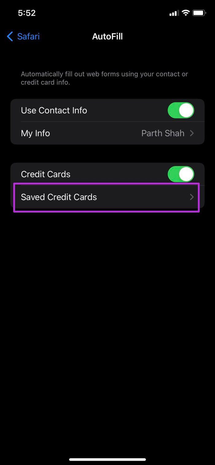 Open saved credit cards