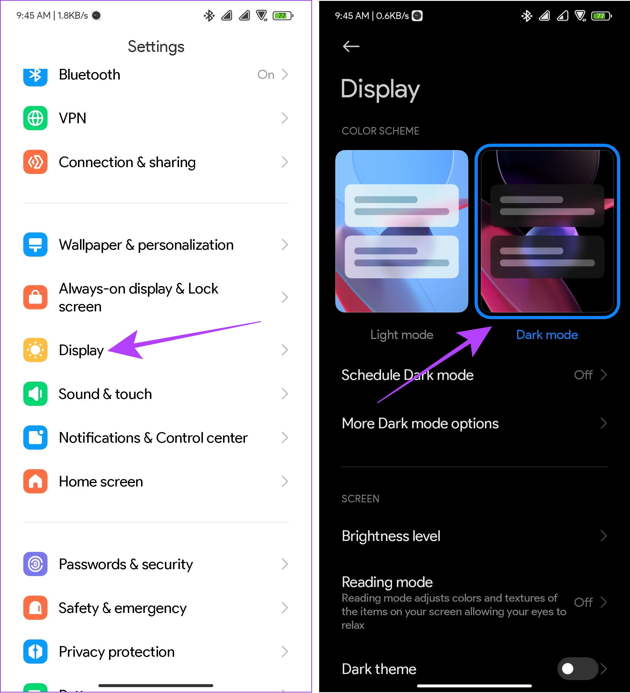 open settings and tap display and choose dark mode