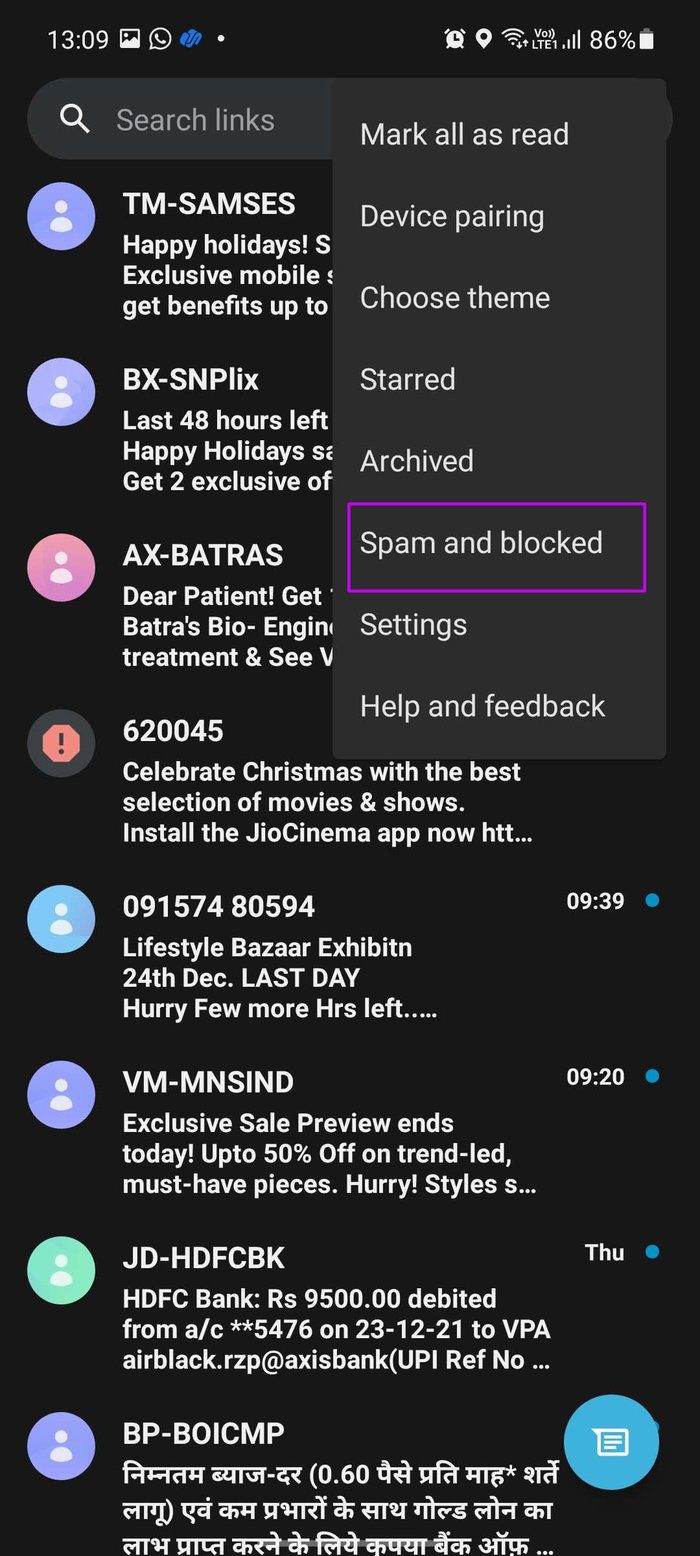 Open spam and blocked menu