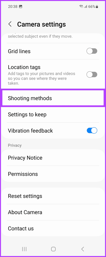 open the camera settings and scroll until you see the option for Shooting methods