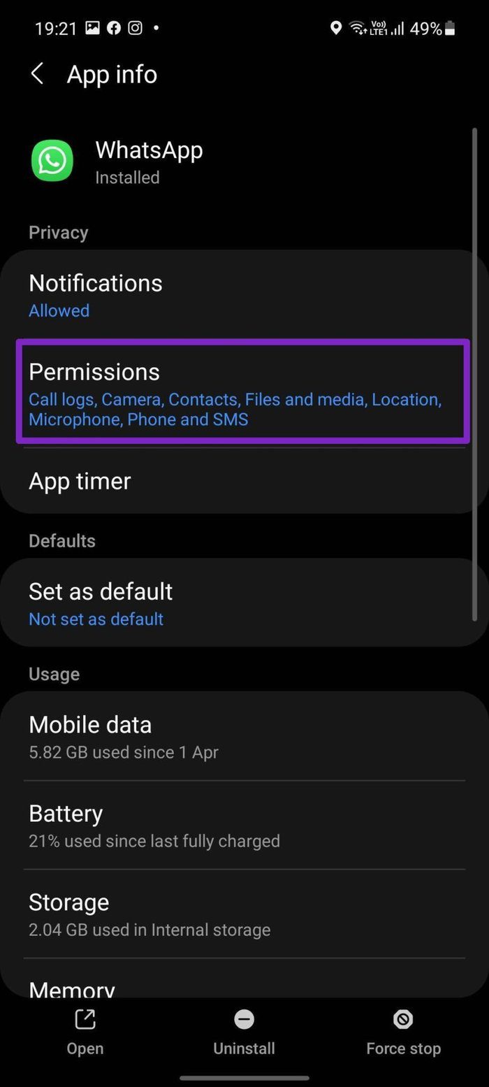 Open whatsapp permissions menu