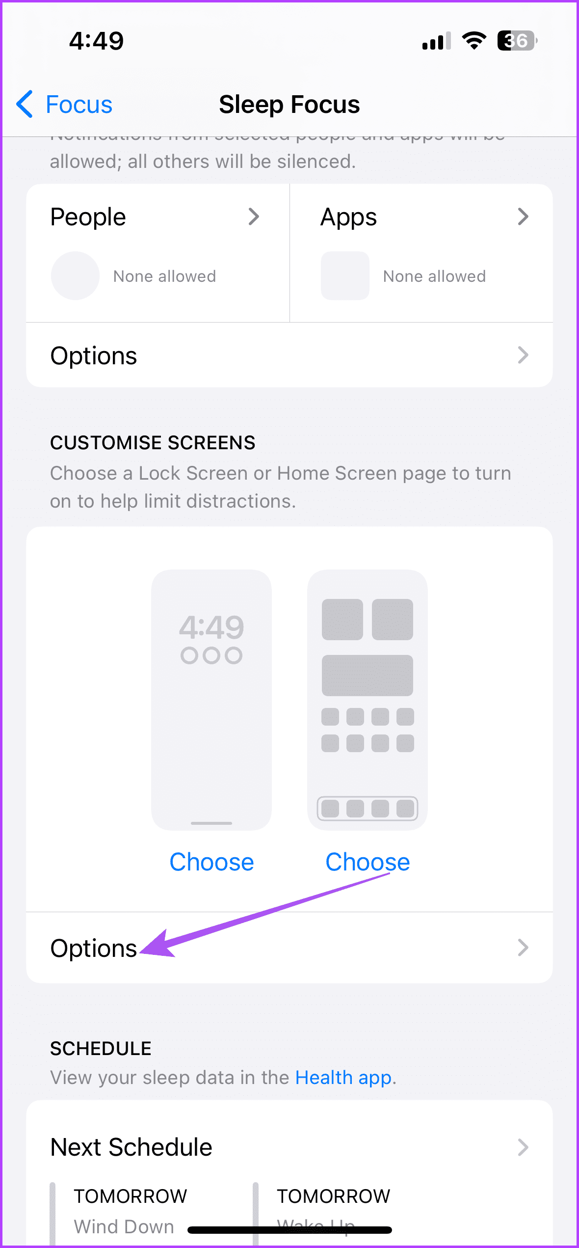options customize screens sleep focus iphone