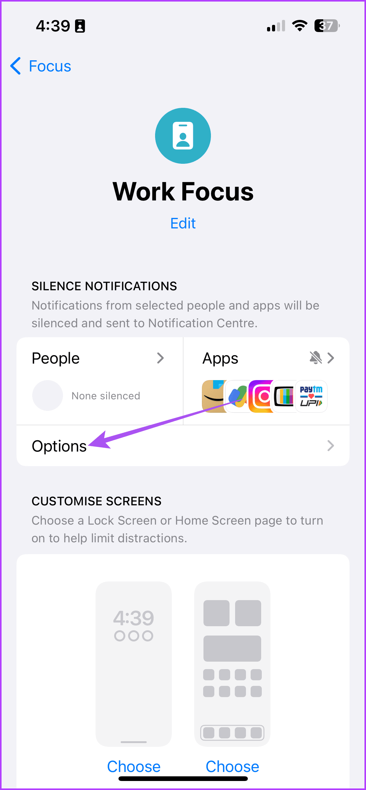 options focus mode settings iphone