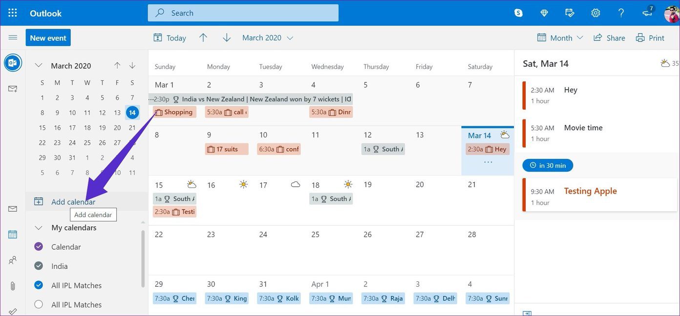 Outlook add calendar