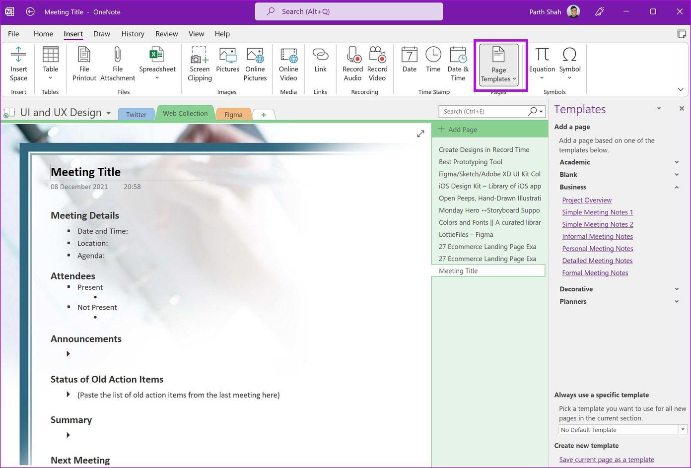 Page templates in onenote