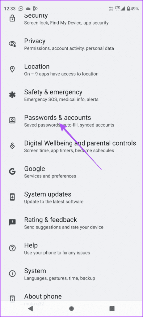 passwords and accounts settings android
