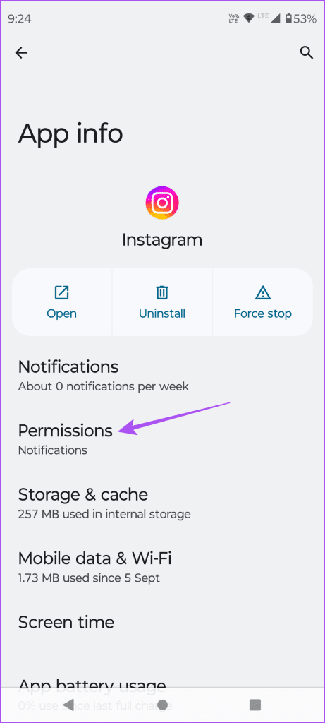 permissions app info instagram android