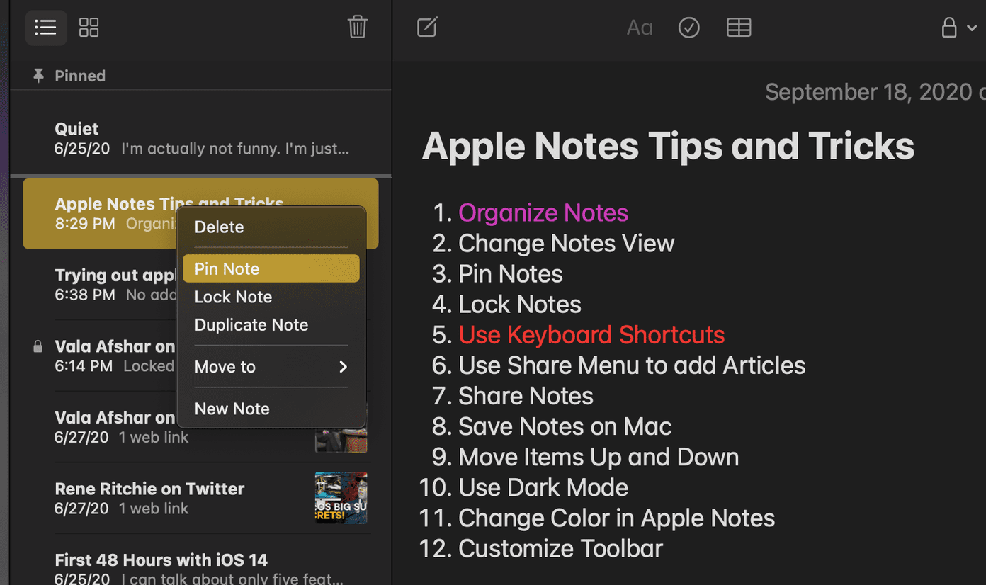 Pin apple notes