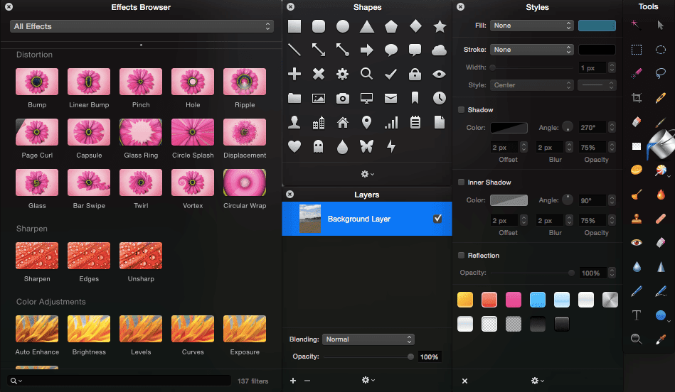 Pixelmator Effects Shapes Tools Styles Layers