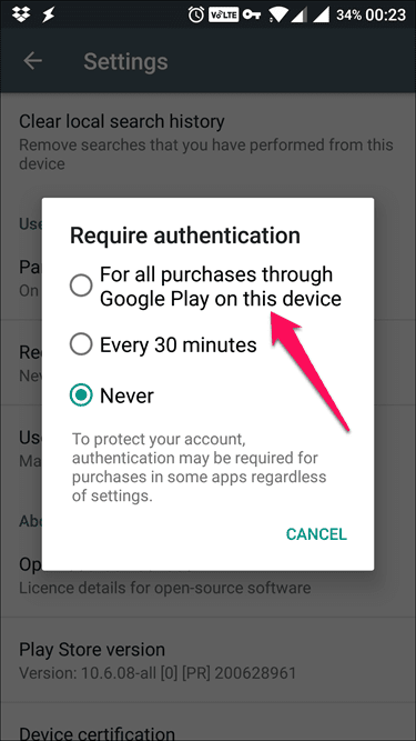 Play Store Purchase Restriction Options