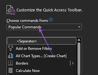 popular commands quick access toolbar excel 