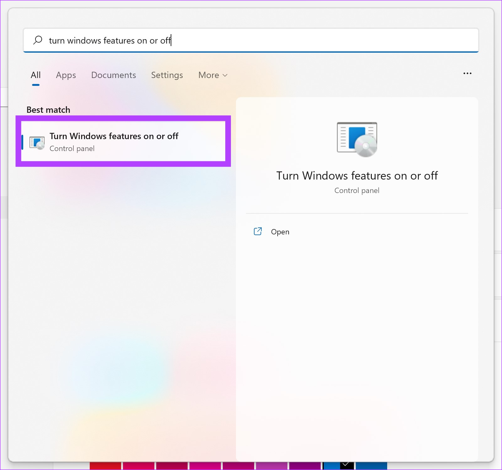 Windows features in search