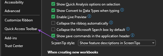quick access toolbar excel windows 11
