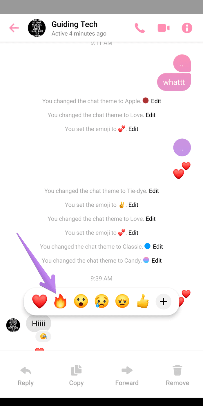 React to facebook messenger messages with different emoji 6