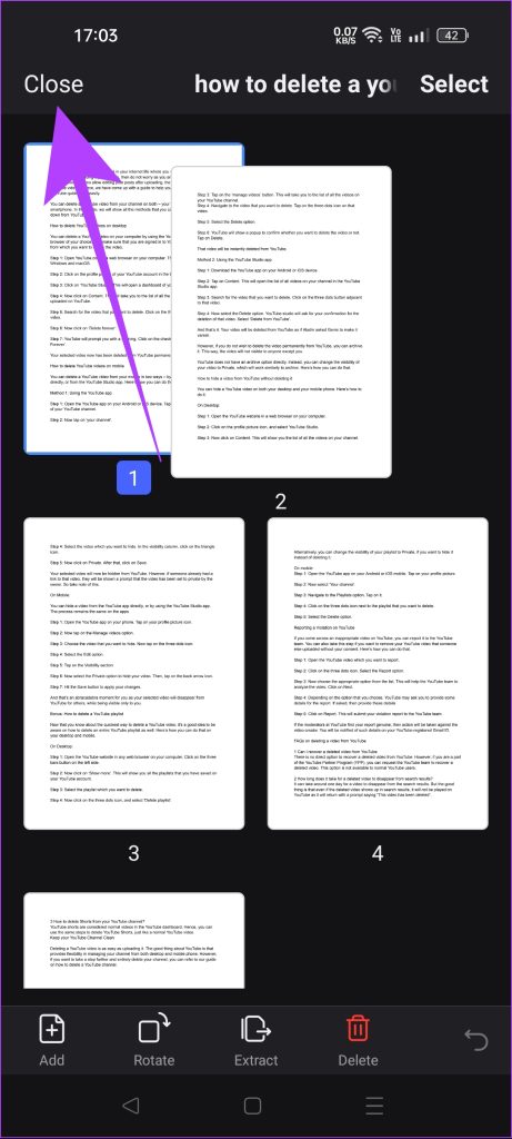 rearrange pdf pages and tap on close