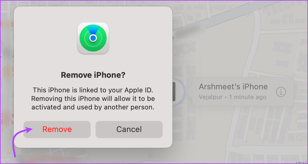 Tap Remove to remove a device from Find My on Mac