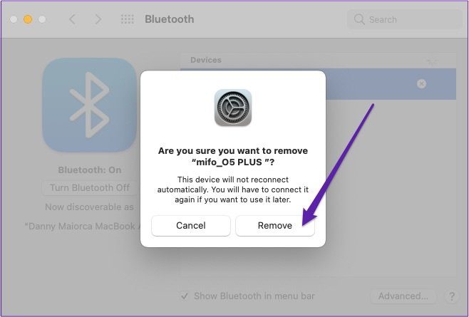 Remove device confirmation bluetooth mac