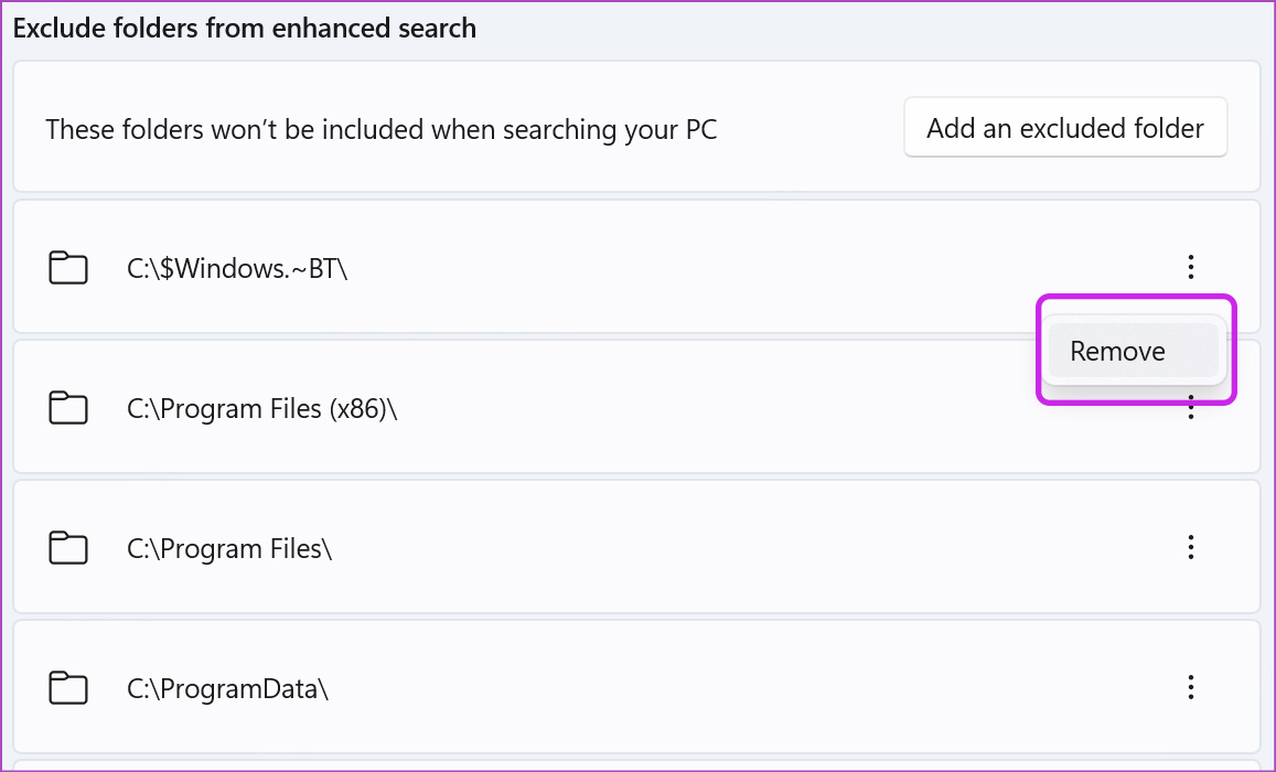 remove folder from exclusion on Windows