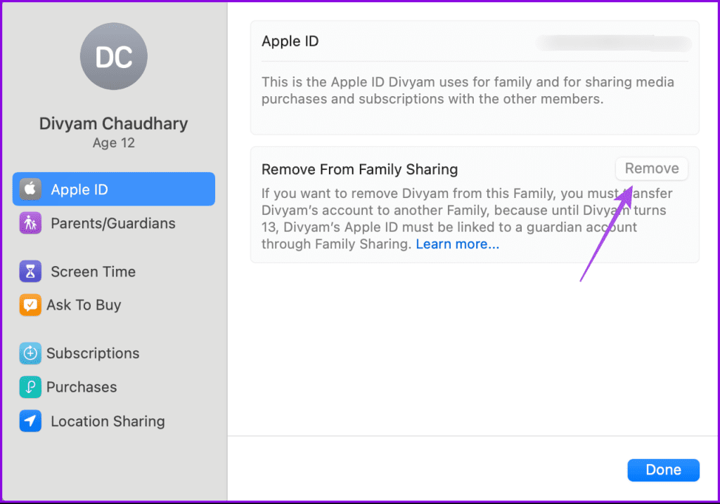 remove from family sharing child account mac